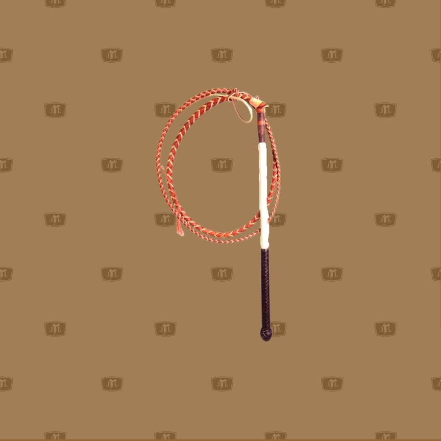 Red Hide stock whip with half plaited handle